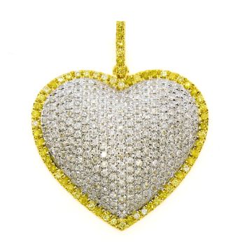 Pave Set Puffed Diamond Heart Pendant Surrounded by a Layer of Yellow Diamonds set in 18kt White and Yellow Gold  /SEP16909Y