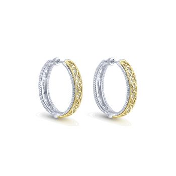 Earrings
 925 Silver/18k Yellow Gold Classic Hoop Set in 18k White Gold Diamond Halo /EG10906MYJJJ-IGCD