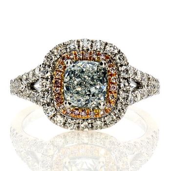 Fancy Color Cushion Shape Double Halo Diamond Ring with a Split Shank Setting set in 18kt White and Rose Gold /SER20434AGPG