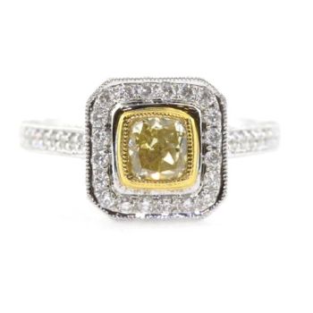 GIA certified Cushion Cut Fancy Brownish Yellow Diamond Halo Ring set in 18kt White and Yellow Gold /SER11774Y