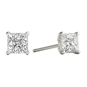 14KT WHITE GOLD PRINCESS CUT DIAMOND STUD EARRINGS IN A 4 PRONG BASKET SETTING WITH PUSH BACKS