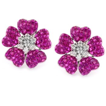 Invisible Set Ruby and Diamond Earrings set in a Floral Design in 18KT White Gold 18.06ct C00925ER1S28W-IAJLD