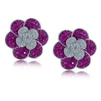 Invisible Set Ruby and Diamond Earrings set in a Floral Design in 18KT White Gold 13.70ct C00077ER1S8W-IAJLD