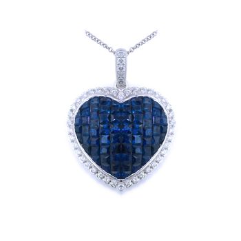 Invisible Set Sapphire Heart Pendant with Round Diamond Accents set in 18KT White Gold 5.65 ct C00447PS1S8W-IAJLD