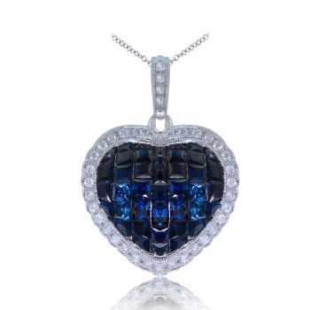 Invisible Set Sapphire Heart Pendant with Round Diamond Accents set in 18KT White Gold 3.90 ct C00171PS1S8W-IAJLD