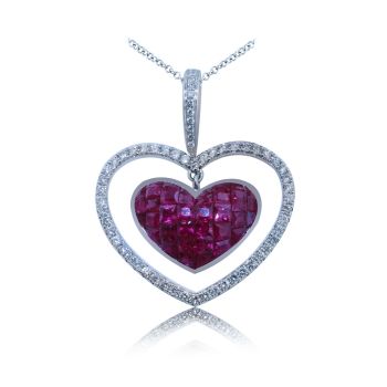 Invisible Set Floating Ruby Heart Pendant with Round Diamond Accents set in 18KT White Gold 3.30 ct B06195PR1S8W-IAJLD