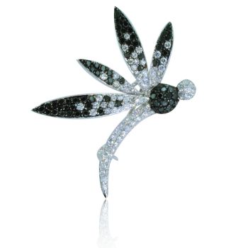 14kt White Gold Round Cut Black & White Diamond Dragonfly Pin 1.34ct ND463-T108-ISJLD