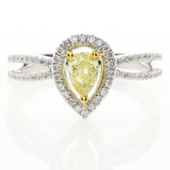 Fancy Yellow Pear Shape Diamond Halo Ring with a Split Shank set in 18kt White and Yellow Gold /SER12009Y