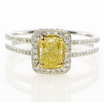 Cushion Cut Fancy Yellow Diamond Halo Ring in a Split Shank Setting set in 18kt White and Yellow Gold /SER16314Y