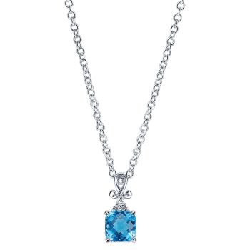 0.03 ct - Necklace
 14k White Gold Diamond Swiss Blue Topaz Fashion /NK2812W45BT-IGCD