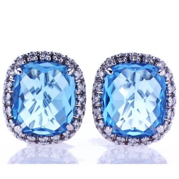 14K White Gold Blue Topaz and Round Cut Diamond Earrings /IDJ8662