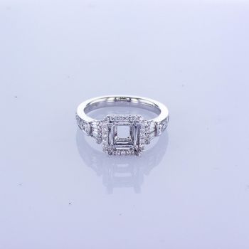 0.57CT SQUARE HALO WITH TAPERED BAGUETTES AND PRONG SET DIAMONDS ON SHANK 010663