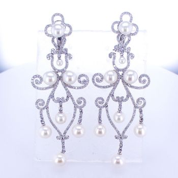 3.96CT Round Cut Diamond and Pearl Earrings 18K White Gold - 011380
