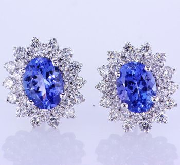 3.10CTW Oval Shape Tanzanite With Two Rows Of Round Brilliant Diamond Earrings in 18K White Gold 014154