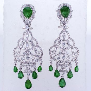 10.50 CT Emerald and Diamond Chandelier Earrings in 18K White Gold  015185
