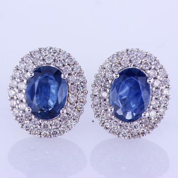 3.14CT Sapphire And Diamond Halo Earrings In 18K White Gold 015192