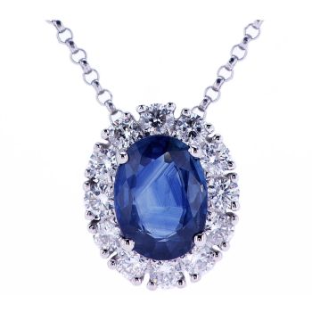 1.75CT  18KT WHITE GOLD OVAL BLUE SAPPHIRE AND DIAMOND PENDANT WITH CHAIN 015597