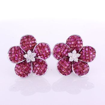 11.82 CT 18KT WHITE GOLD RUBY AND DIAMOND FLORAL DESIGN EARRINGS WITH FRENCH BACKS 015911