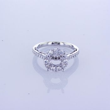 0.73CT 18KT WHITE GOLD ROUND HALO DIAMOND SETTING  WITH PAVE DIAMONDS ON THE SHANK 015939
