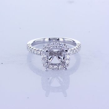 0.65CT 18KT WHITE GOLD CUSHION HALO DIAMOND ENGAGEMENT RING SETTING WITH PAVE DIAMONDS ON THE SHANK 016490