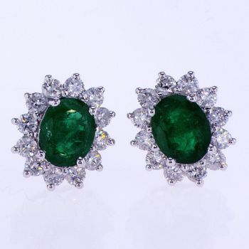 3.34CT Emerald and Diamond Halo Earrings 18K White Gold