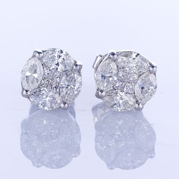 1.64CT 18KT WHITE GOLD CLUSTER MIX CUT DIAMOND STUD EARRINGS 016766