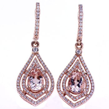 1.75 CT Pear Cut Morganite and Diamond Earrings 14K Rose Gold 1.00'' 