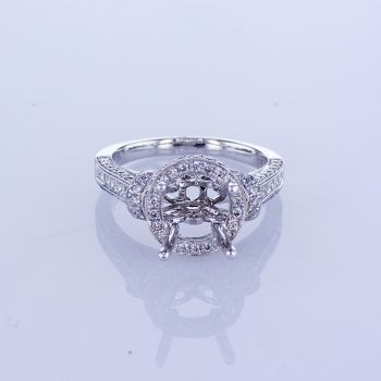 1.15CT 18KT WHITE GOLD ANTIQUE STYLE ROUND HALO DIAMOND SETTING WITH PRINCESS CUT DIAMONDS ON THE SHANK 016906