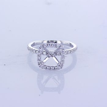 18KT WHITE GOLD CUSHION HALO DIAMOND ENGAGEMENT RING SETTING WITH PAVE DIAMONDS ON THE BAND 016912                                                                                                             