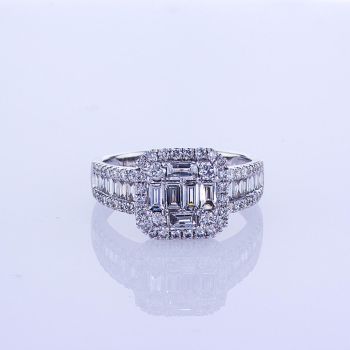 1.33 CT Round and Baguette Cut Diamond Ring  18K White Gold  017087