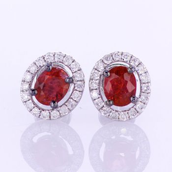 18KT WHITE GOLD OVAL HALO RUBY AND DIAMOND STUD EARRINGS  017529