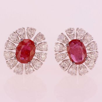2.46CT Ruby and Diamond Earrings 18K White Gold  Floral Design  017553