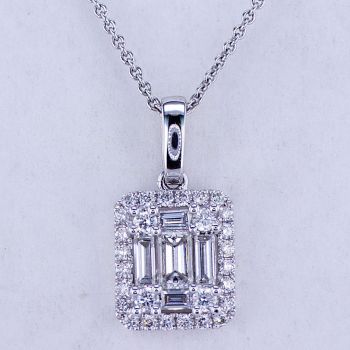 0.80CT  18KT WHITE GOLD HALO STRAIGHT BAGUETTE AND ROUND DIAMOND PENDANT 017766