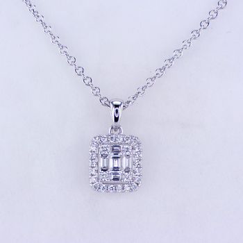 0.37CT  14KT WHITE GOLD HALO STRAIGHT BAGUETTE AND ROUND DIAMOND PENDANT 018525