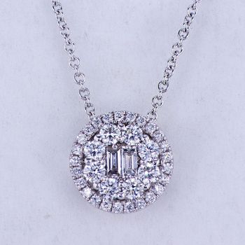 0.55CTG  18KT WHITE GOLD DOUBLE HALO TAPERED BAGUETTE AND ROUND DIAMOND PENDANT 018894