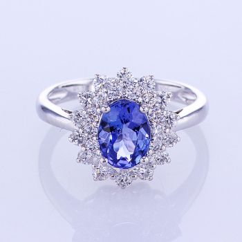 1.80CT 18KT WHITE GOLD DIAMOND AND BLUE TANZANITE GEMSTONE DOUBLE HALO RING 018965