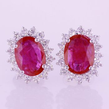 2.46CT 18KT WHITE GOLD DIAMOND & RED RUBY OVAL CUT HALO GEMSTONE EARRINGS 018997