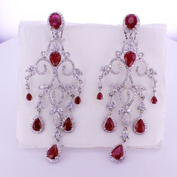22.30CT  18KT WHITE GOLD RED RUBY AND DIAMOND CHANDELIER EARRINGS 019413