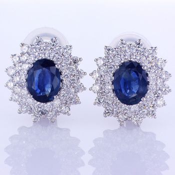 6.74CT 18KT WHITE GOLD BLUE SAPPHIRE AND DIAMOND HALO STUD EARRINGS 019414