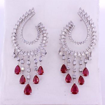 8.24CT  18KT WHITE GOLD RED RUBY AND DIAMOND CHANDELIER EARRINGS 019415