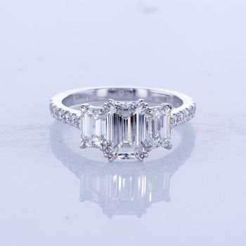 14KT WHITE GOLD THREE STONE EMERALD CUT PAVE DIAMOND ENGAGEMENT RING (No center stone included)
