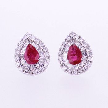 2.50CTW 18KT WHITE GOLD RUBY AND DIAMOND DOUBLE HALO EARRING WITH HEAVY PUSH BACKS