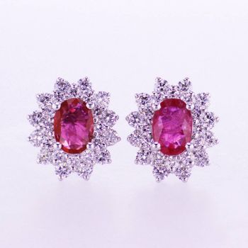 2.40CTW 18KT WHITE GOLD RUBY AND DIAMOND DOUBLE HALO EARRING 