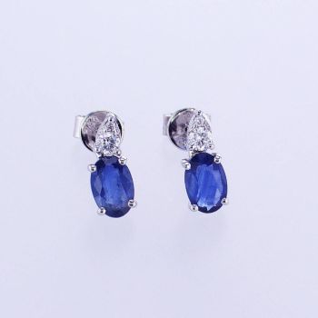 1.10CTW 18KT WHITE GOLD OVAL BLUE SAPPHIRE AND DIAMOND EARRINGS