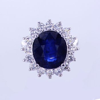 6.87CT 18 KT WHITE GOLD DIAMOND & BLUE SAPPHIRE GEMSTONE FLOWER HALO RING R746