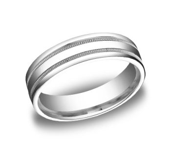 8mm Comfort fit Carved High Polish Ed With Milgrain Band In 18K White Gold RECF78011-IBMD