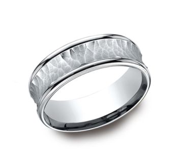 7.5mm Comfort fit Wedding Band Features A Hammered Finish In 14K White Gold RECF8750814KW-IBMD