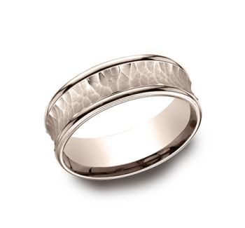 7.5mm Comfort fit Wedding Band Features A Hammered Finish In 14K Rose Gold RECF8750814KR-IBMD