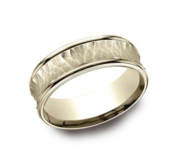 7.5mm Comfort fit Wedding Band Features A Hammered Finish In 14K Yellow Gold RECF8750814KY-IBMD