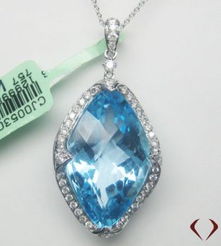 Round Cut Diamond And Blue Topaz Pendant With 14K White Gold Chain/IDJ129998